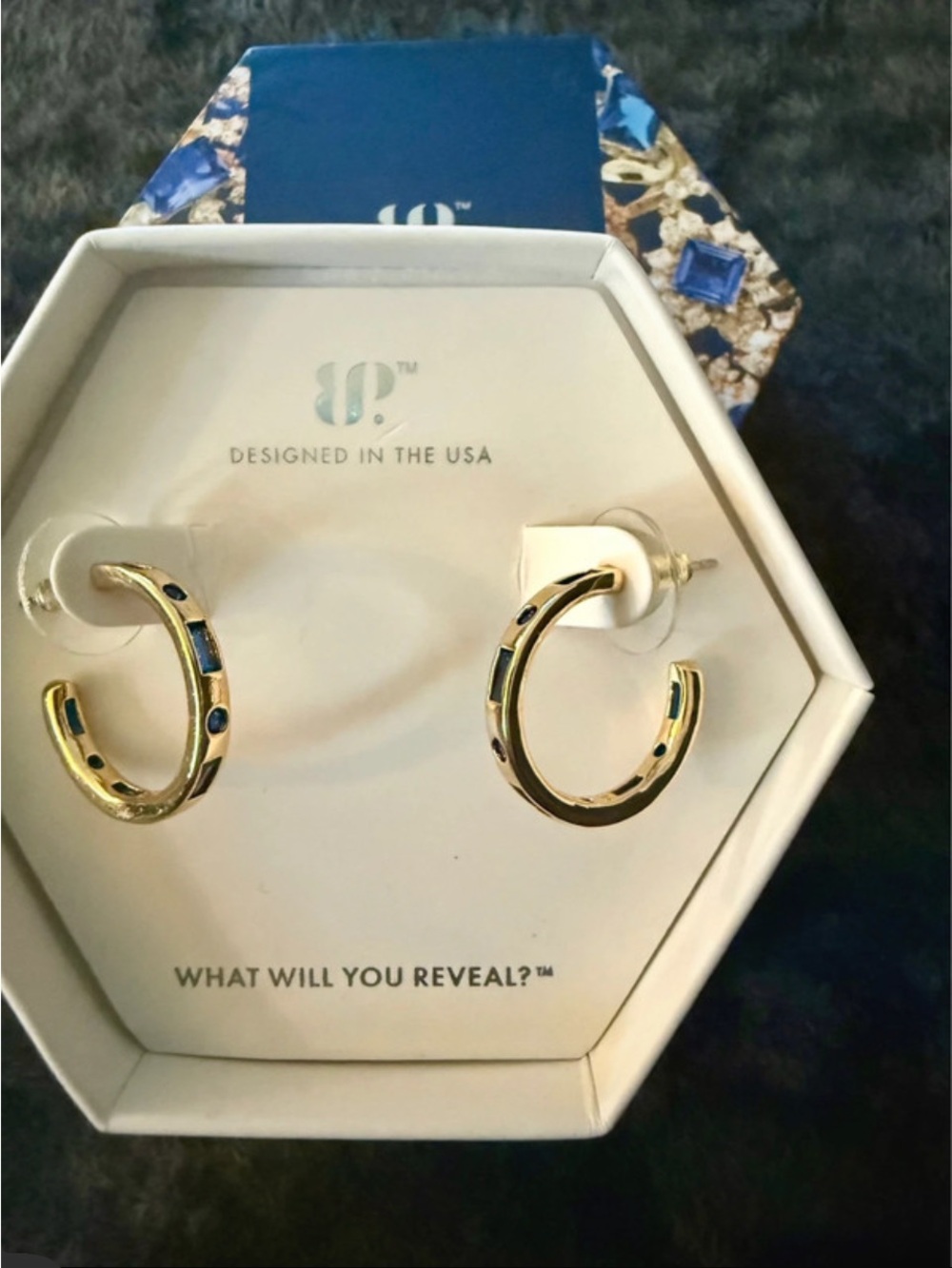 Gold Hoop Earrings with Blue Stone Insets by 10